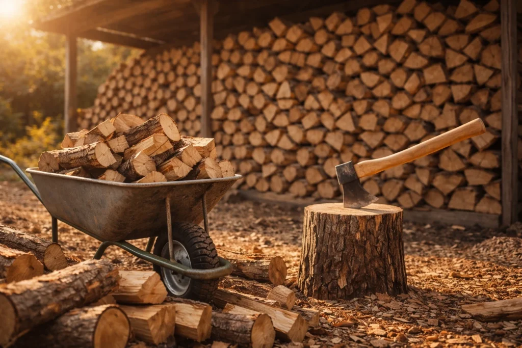 Image de bois rangé dans une cabane de bois avec le camion de livraison devant
